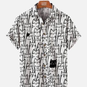 Men's Hawaiian Shirt - Black and White Cat Pattern Polyester Casual Summer Shirt