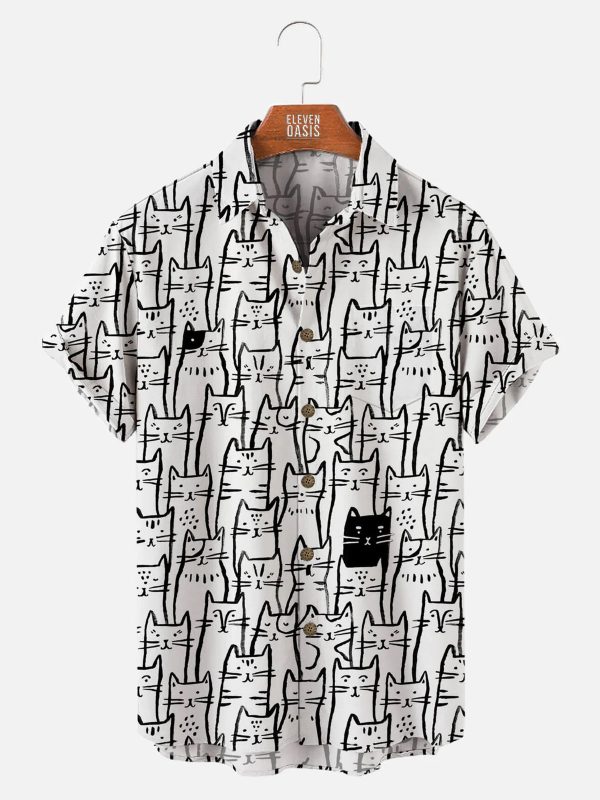 Men's Hawaiian Shirt - Black and White Cat Pattern Polyester Casual Summer Shirt