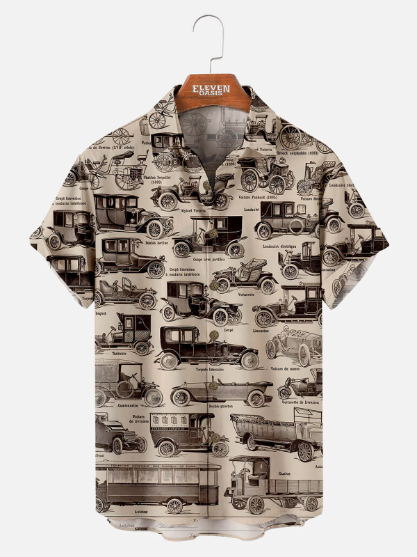 Men's Hawaiian Shirt - Retro Classic Car Print Polyester Summer Casual Shirt