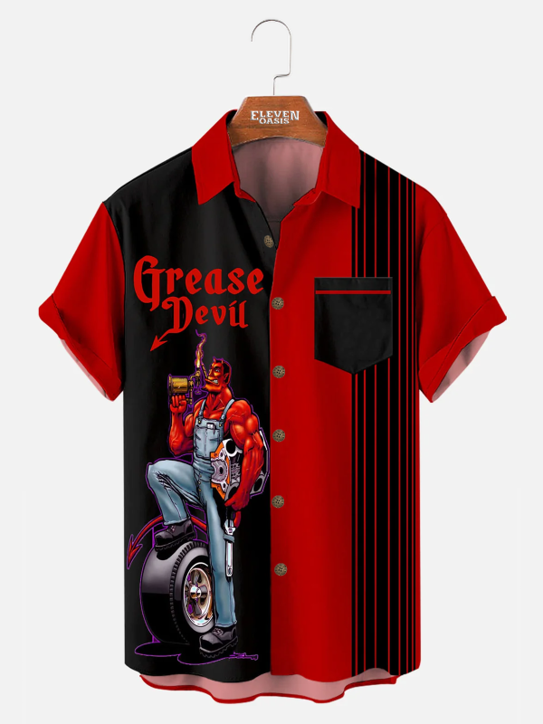 Men's Hawaiian Shirt - Automotive Elements Contrasting Stripe Print Polyester Casual Summer Shirt