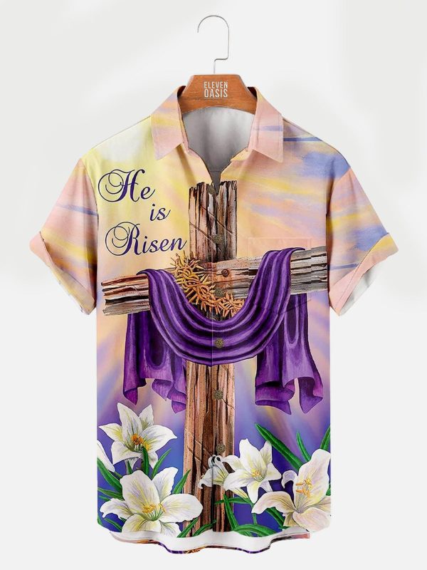 Men's Hawaiian Shirt - Easter Crucifix Print Christian-Themed Summer Shirt
