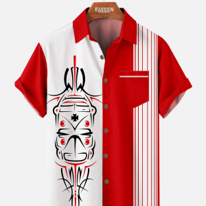 Men's Hawaiian Shirt with Chest Pocket - Automotive Stripe Design Polyester Summer Shirt