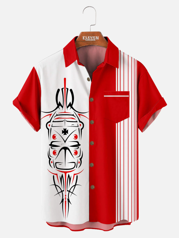 Men's Hawaiian Shirt with Chest Pocket - Automotive Stripe Design Polyester Summer Shirt