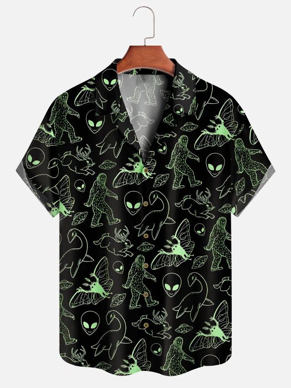 Men's Hawaiian Shirt - Neon Aliens Bigfoot Loch Ness Dinosaur Print Polyester Casual Summer Shirt