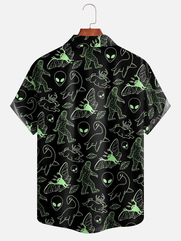 Men's Hawaiian Shirt - Neon Aliens Bigfoot Loch Ness Dinosaur Print Polyester Casual Summer Shirt - Image 2