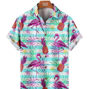 Men's Hawaiian Shirt - Pineapples and Flamingos All Over Print Polyester Casual Summer Shirt
