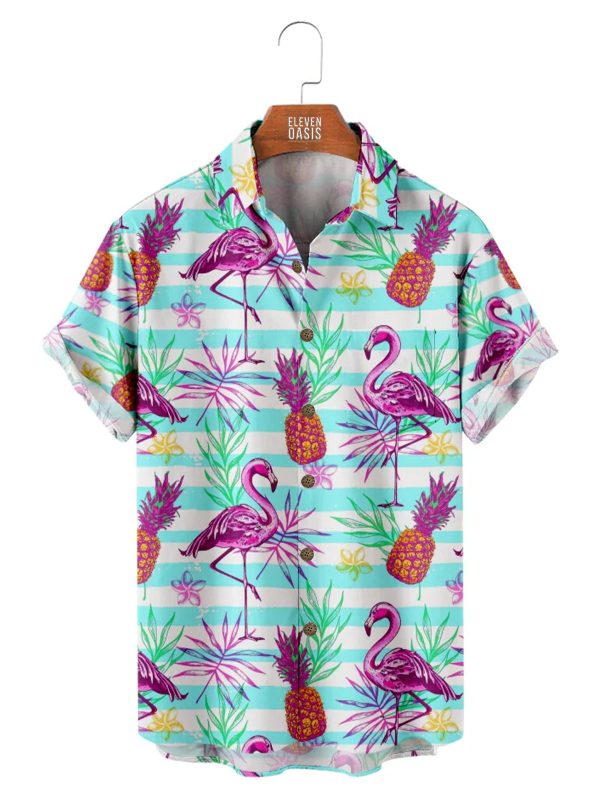 Men's Hawaiian Shirt - Pineapples and Flamingos All Over Print Polyester Casual Summer Shirt
