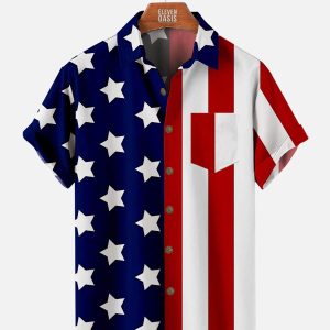 Men's Hawaiian Shirt with Pocket - Patriotic Star & Stripe Shirt for Independence Day