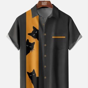 Men's Hawaiian Shirt - Peeking Black Cats Print Casual Bowling Summer Shirt