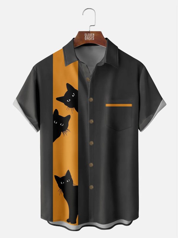 Men's Hawaiian Shirt - Peeking Black Cats Print Casual Bowling Summer Shirt