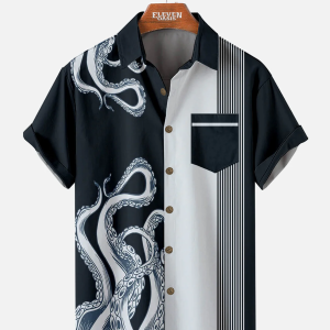 Men's Hawaiian Shirt - Cthulhu Octopus Stripe Pattern Dark Fantasy Polyester Summer Shirt