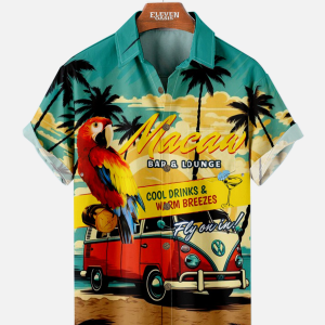 Men's Hawaiian Shirt - Retro VW Minibus and Parrot Palm Trees Beach Print Polyester Summer Shirt