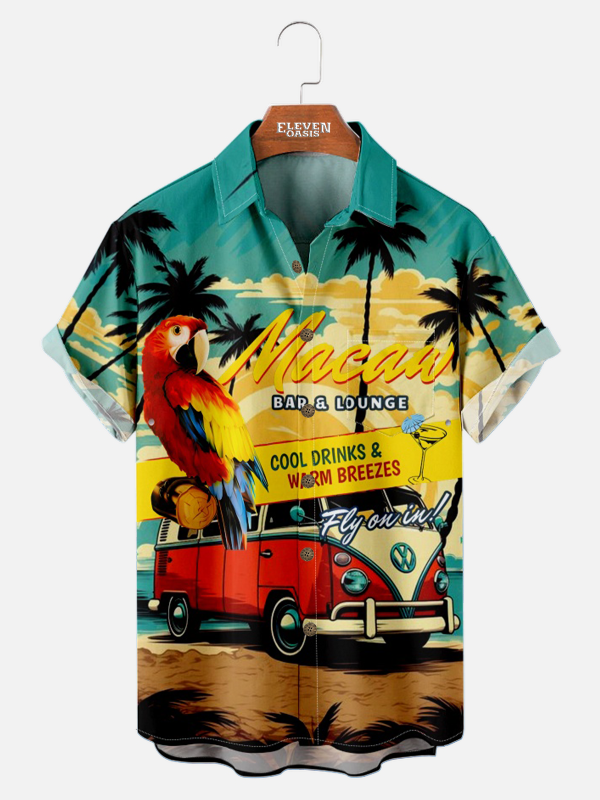 Men's Hawaiian Shirt - Retro VW Minibus and Parrot Palm Trees Beach Print Polyester Summer Shirt