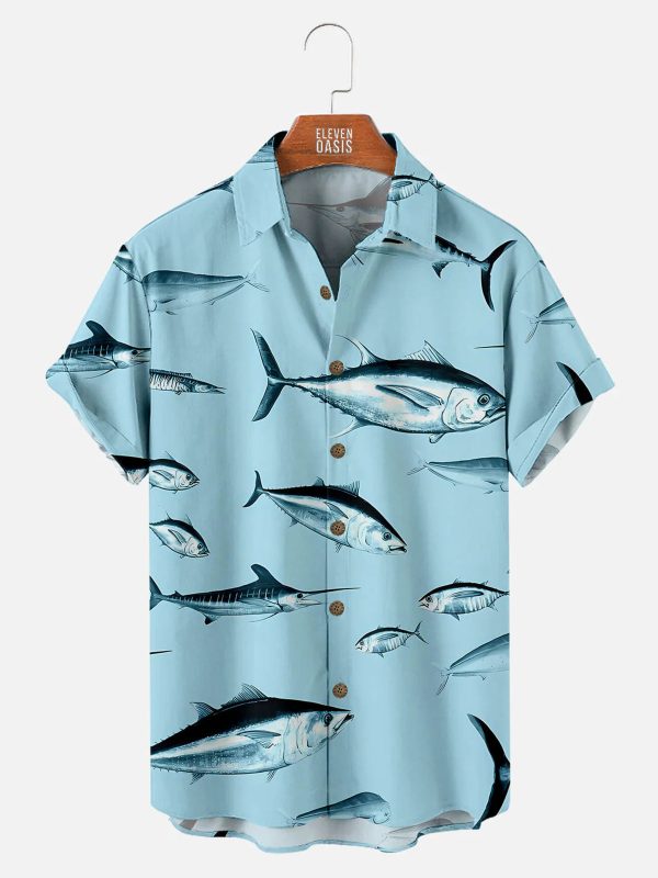Men's Hawaiian Shirt - Fun Tuna Print Polyester Summer Casual Shirt