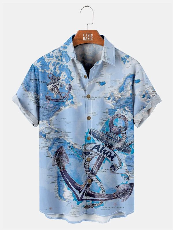 Men's Hawaiian Shirt - Retro Anchor Print Nautical Summer Casual Shirt