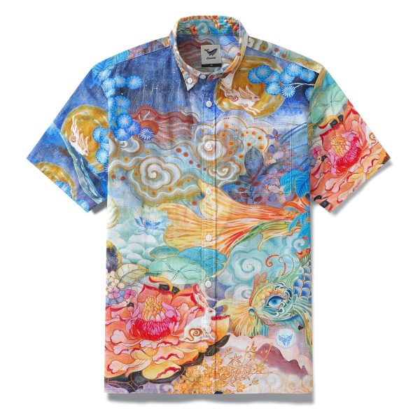 Men's Designer Hawaiian Shirt - Cloud-Wandering Koi Print Blue Button-Down Short Sleeve Aloha Shirt for Casual Beach, Travel and Vacation Wear - Image 2