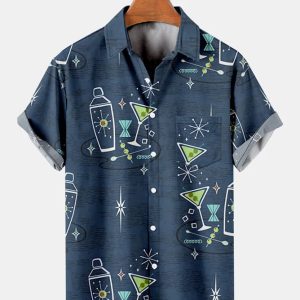 Men's Hawaiian Shirt - Martini Cocktail Glass Print Casual Polyester Summer Shirt