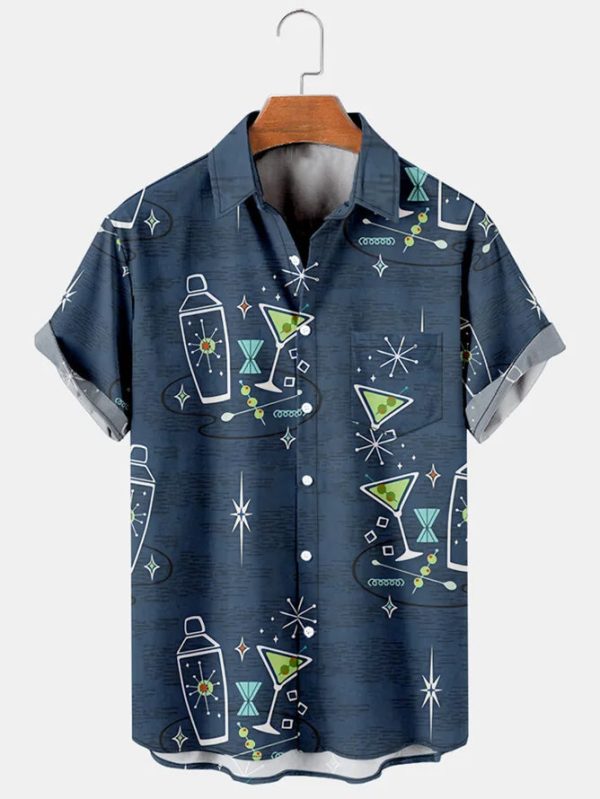 Men's Hawaiian Shirt - Martini Cocktail Glass Print Casual Polyester Summer Shirt