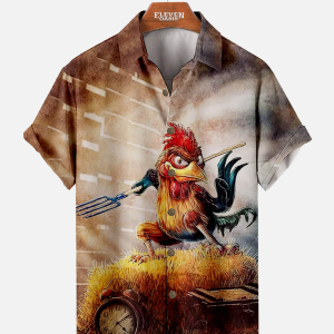Men's Hawaiian Shirt - Funny Fighting Chicken Cartoon Print Summer Casual Shirt
