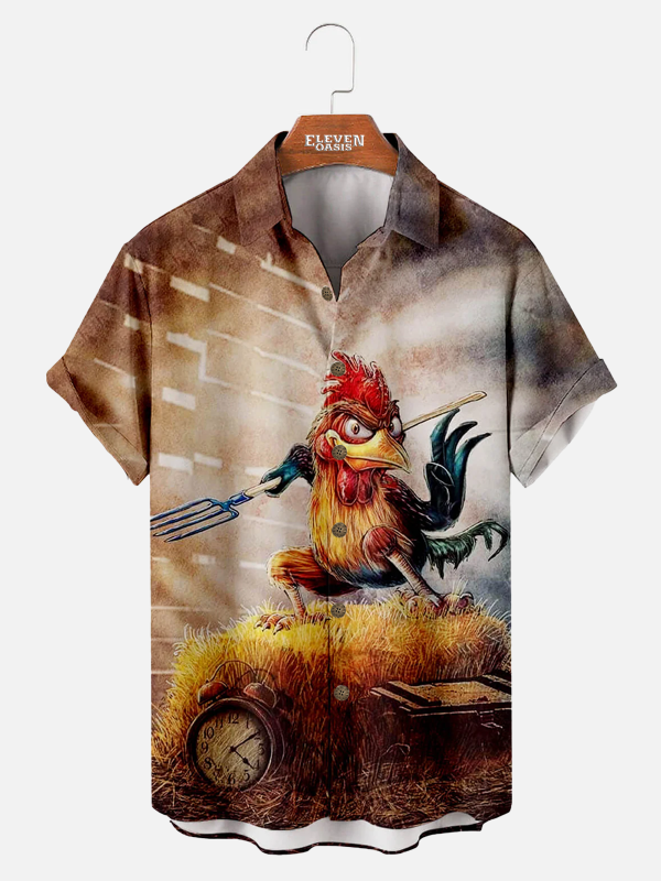 Men's Hawaiian Shirt - Funny Fighting Chicken Cartoon Print Summer Casual Shirt