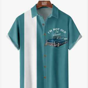 Men's Hawaiian Shirt - Classic Car Print Retro Bowling Style Summer Shirt