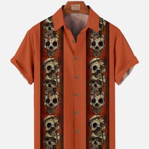 Men's Hawaiian Shirt - Halloween Skull Graphic Contrast Bowling Style Polyester Casual Shirt