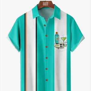 Men's Hawaiian Shirt - Cocktail & Bowling Print Retro Casual Summer Shirt