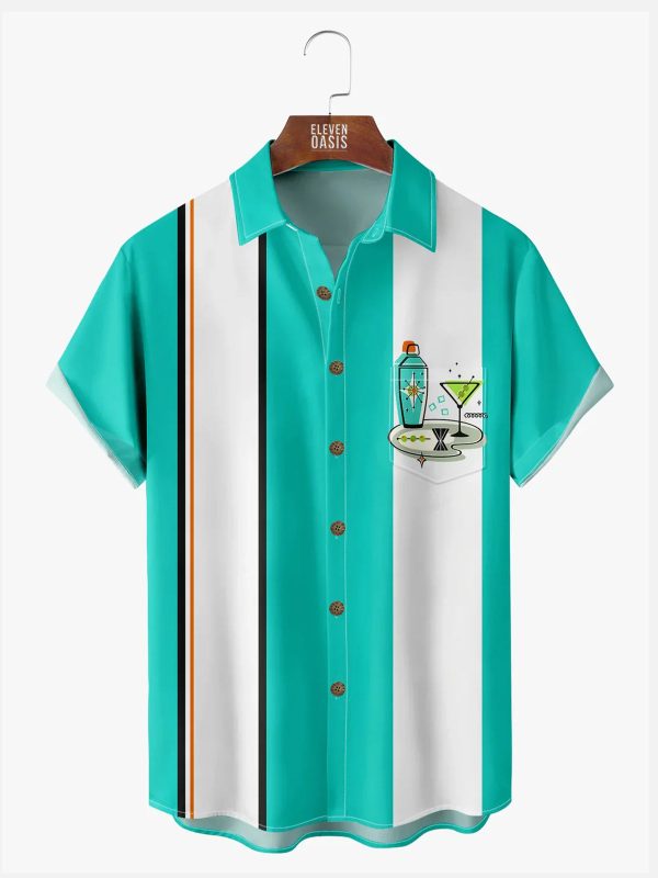 Men's Hawaiian Shirt - Cocktail & Bowling Print Retro Casual Summer Shirt