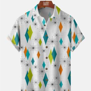 Men's Hawaiian Shirt - Geometric Pattern Print Casual Polyester Summer Shirt