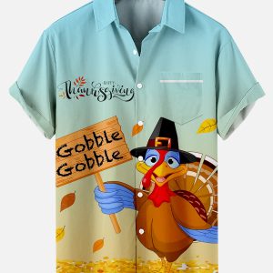 Men's Hawaiian Shirt - Illustrated Thanksgiving Turkey Print Polyester Festive Holiday Shirt