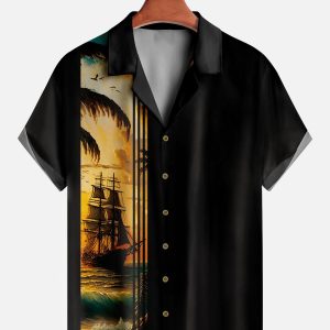 Men's Hawaiian Shirt - Simple Sunset and Ship Print Polyester Tropical Summer Shirt