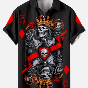 Men's Hawaiian Shirt - Skull and Playing Card Print Polyester Summer Casual Shirt