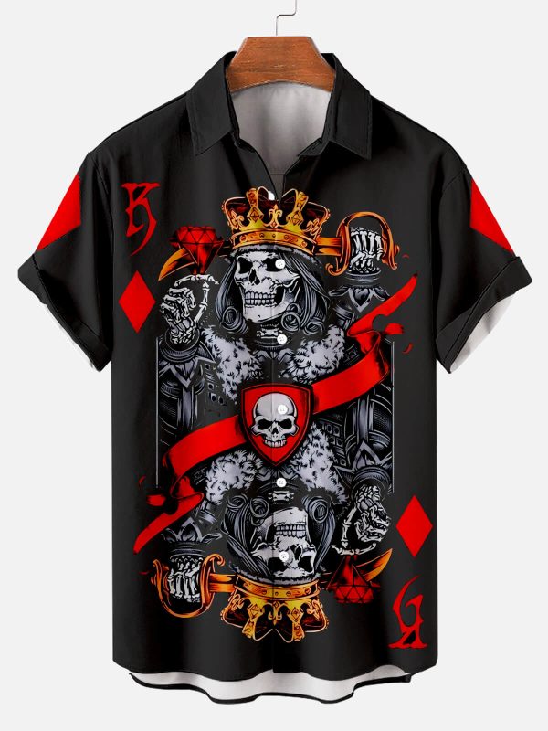 Men's Hawaiian Shirt - Skull and Playing Card Print Polyester Summer Casual Shirt