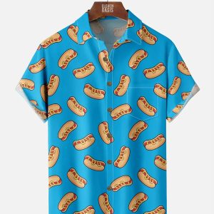 Men's Hawaiian Shirt - Hot Dog Print Foodie Style Polyester Casual Summer Shirt