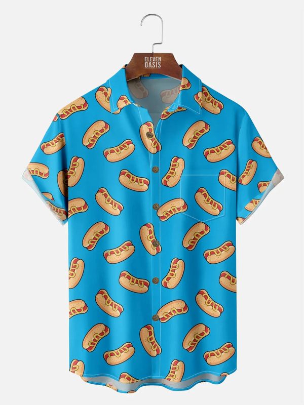 Men's Hawaiian Shirt - Hot Dog Print Foodie Style Polyester Casual Summer Shirt