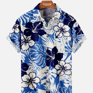 Men's Hawaiian Shirt - Floral Hibiscus and Foliage Print Polyester Casual Summer Shirt