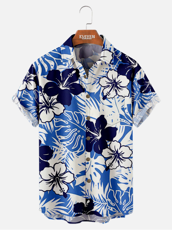 Men's Hawaiian Shirt - Floral Hibiscus and Foliage Print Polyester Casual Summer Shirt