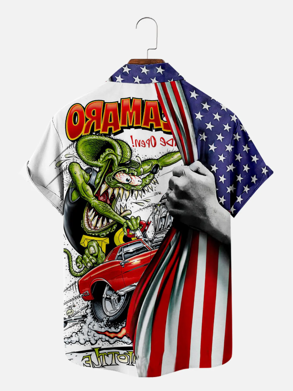 Men's Hawaiian Shirt - Vintage Car and American Flag Print Retro Summer Shirt - Image 2