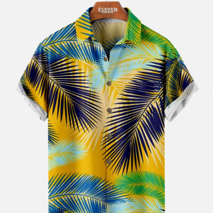Men's Hawaiian Shirt - Colorful Palm Leaf Print Polyester Casual Summer Shirt