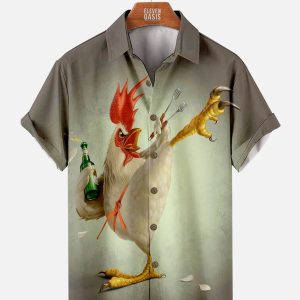 Men's Hawaiian Shirt with Pocket - Kung Fu Rooster Print Funny Summer Shirt