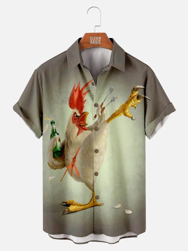 Men's Hawaiian Shirt with Pocket - Kung Fu Rooster Print Funny Summer Shirt