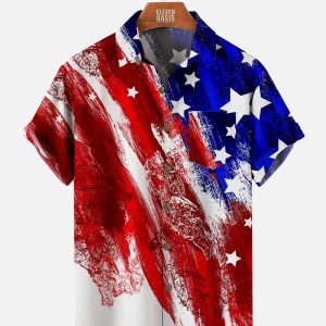 Men's Hawaiian Shirt with Pocket - Star Tie-Dye Independence Day Summer Shirt