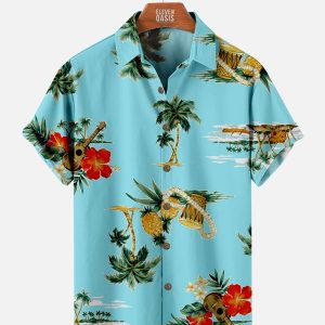 Men's Hawaiian Shirt - Pineapple Ukulele Coconut Tree Print Polyester Casual Summer Shirt