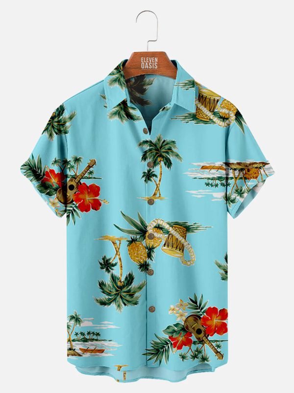 Men's Hawaiian Shirt - Pineapple Ukulele Coconut Tree Print Polyester Casual Summer Shirt