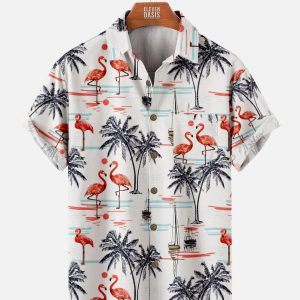 Men's Hawaiian Shirt - Beach Flamingo Print Vacation Style Summer Shirt