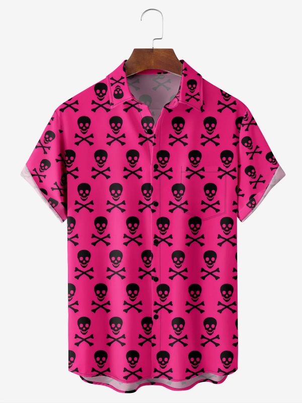 Men's Hawaiian Shirt - Pink Skulls and Crossbones Print Casual Polyester Summer Shirt