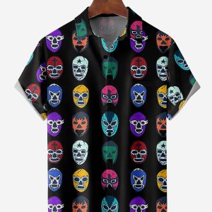 Men's Hawaiian Shirt - Mexican Lucha Libre Wrestling Mask Print Polyester Bold Summer Shirt