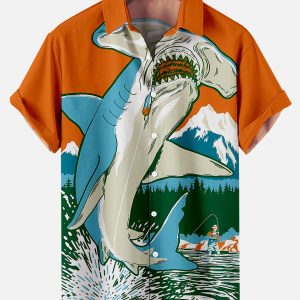 Men's Hawaiian Shirt - Deep Sea Shark Print Tropical Ocean Summer Shirt