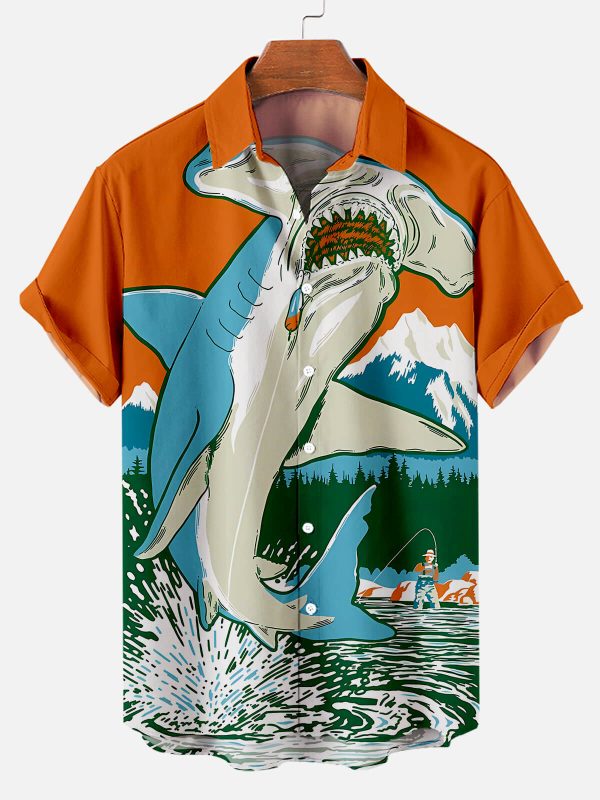 Men's Hawaiian Shirt - Deep Sea Shark Print Tropical Ocean Summer Shirt