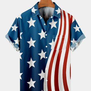 Men's Hawaiian Shirt with Pocket - American Flag Print Chic Casual Summer Shirt